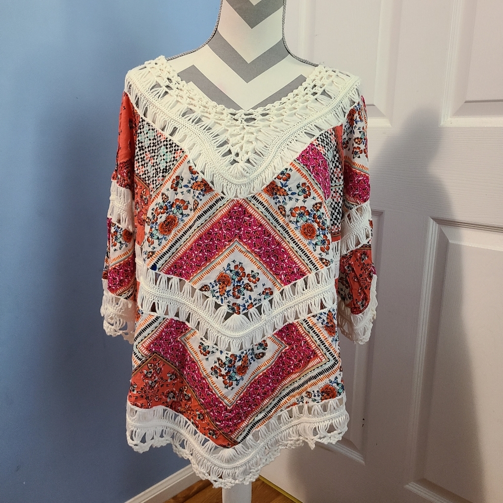 Vivid Woman Blouse 1XL Multi Bohemian Floral 3/4 Sleeves Crotchet Detail V-Neck